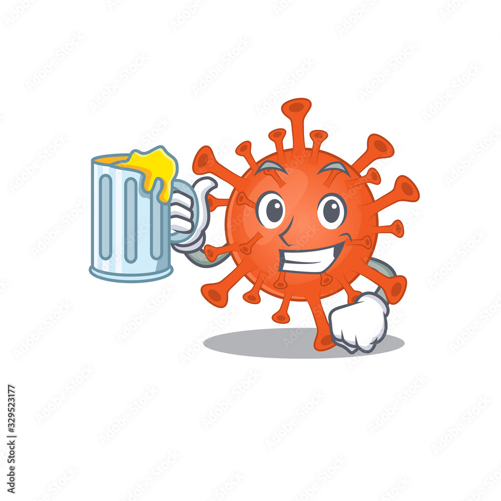 Cheerful deadly corona virus mascot design with a glass of beer