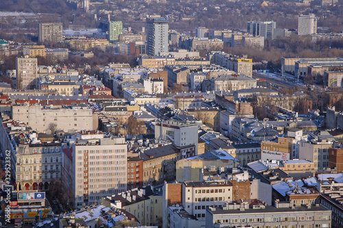 Aerial view of downtown district in Warsaw, capital of Poland