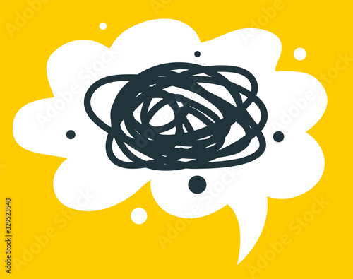 Vector cartoon illustration with geometric round cloud shape bubble speech with confused thoughts on yellow background.