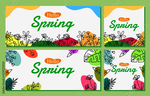 Hello Spring greeting background text banner, hand-drawn floral decoration in pastel color. social media post and cover, poster template. spring season is coming