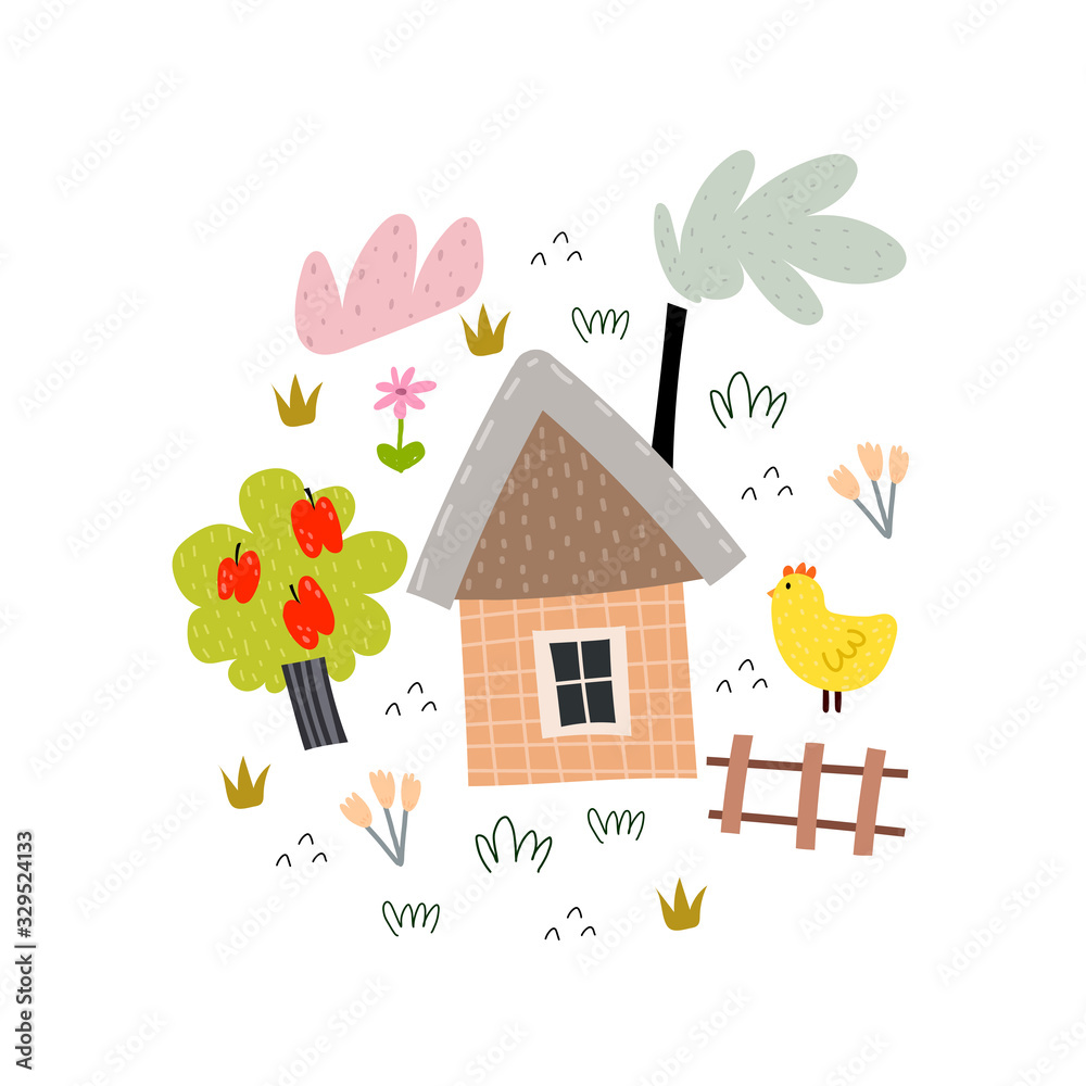 Cute cartoon house with tree, cloud, bird, decor elements. Vector colorful  illustration for kids, flat style. hand drawing. Baby design for cards,  print, posters Stock Vector | Adobe Stock