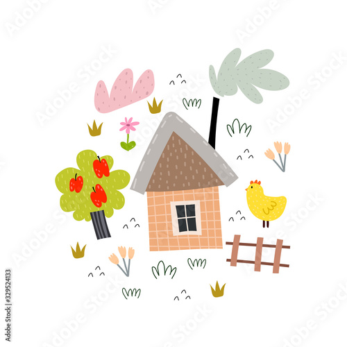 Cute cartoon house with tree, cloud, bird, decor elements. Vector colorful illustration for kids, flat style. hand drawing. Baby design for cards, print, posters
