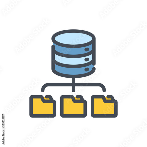 File storage database color line icon. Data server with connection to file folders vector outline colorful sign.