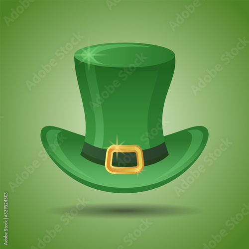 Green Leprechaun's top hat on green background. St. Patrick's day element. Vector illustration.