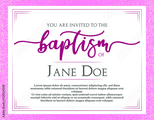 Christening Invitation. Template in Vector about Baptism ceremony. Pink flyer. 