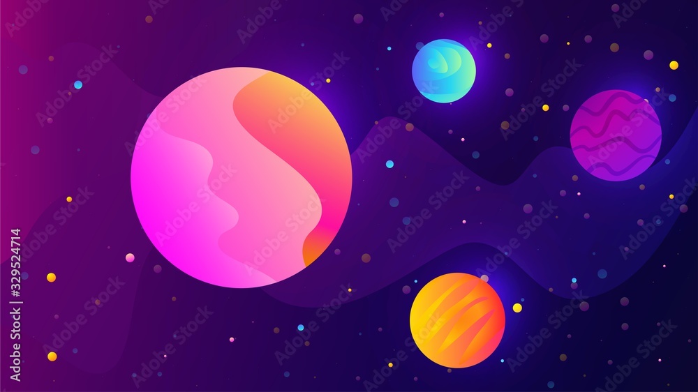 Horizontal space background with planets and stars.