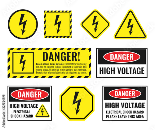 high voltage sign set, danger of electricity icons