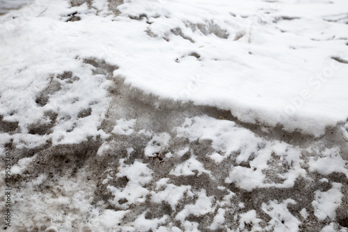 Dirty snow spring background. Old and dirty snow texture. Natural background. Snow mixed with coal soot, poor ecology. Environmental pollution.