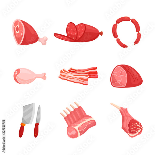 Fresh organic meat cartoon vector illustration. Shank, sausage, salami, chicken, bacon, ribs, steak, cleaver, knife. Pork, beef and lamb raw meat, butcher's tools.