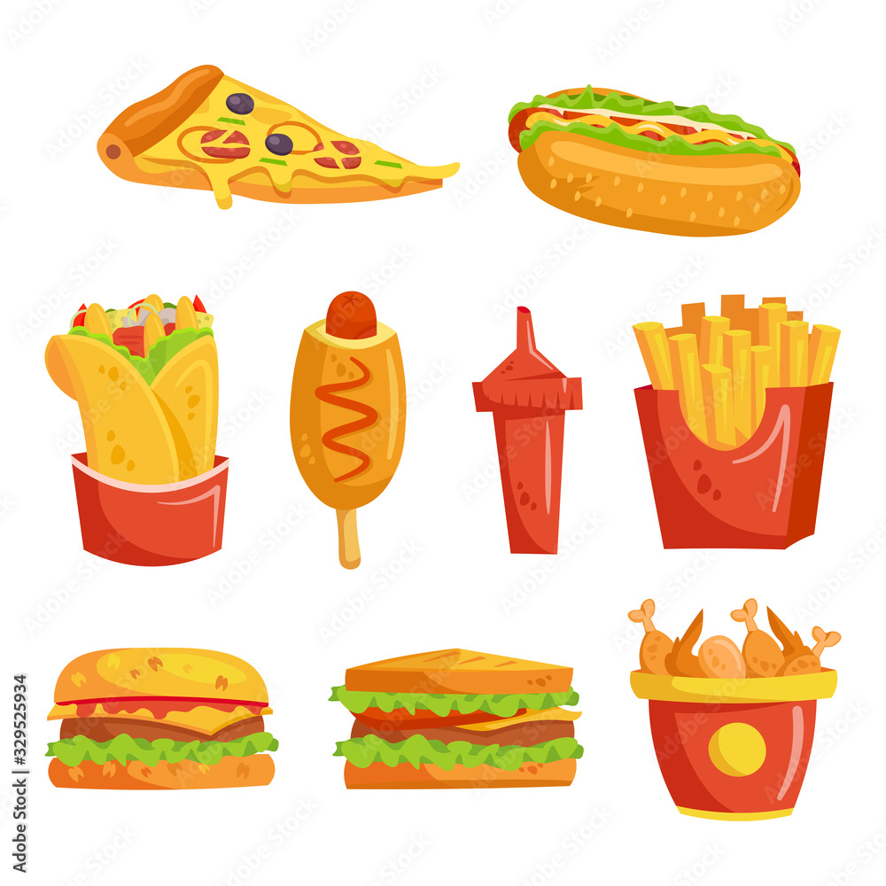 Fast food cartoon vector set. Pizza, hot dog, shawarma, corn dog, ketchup,  french fries, burger, sandwich, chicken legs and wings. Stock Vector |  Adobe Stock