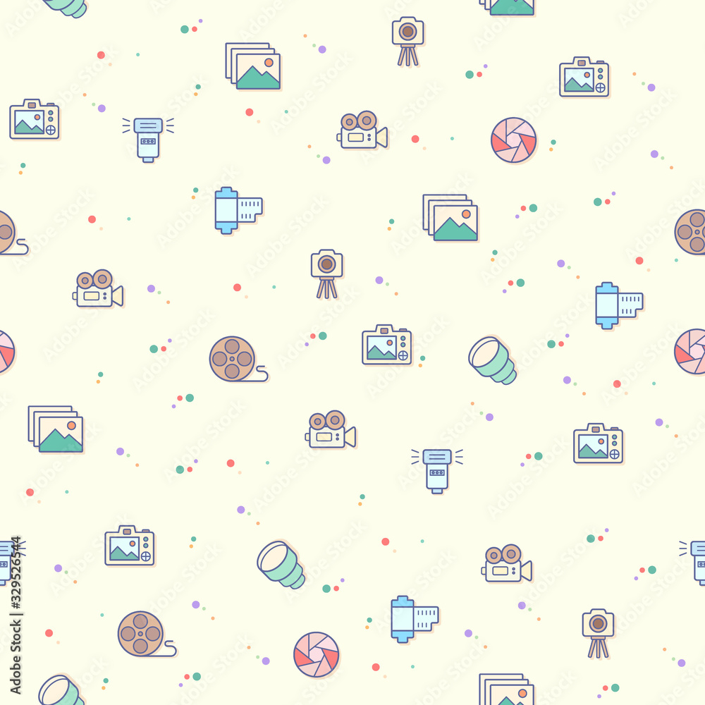 Fototapeta premium Seamless pattern camera vector illustration. photography, media, photos, lighting, lens, film, video, camera setting and other elements. Seamless texture.