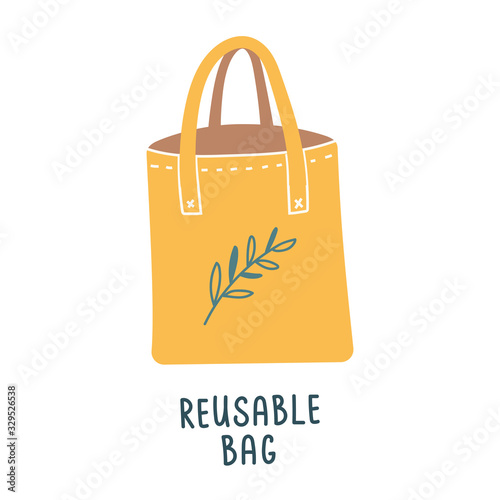 Reusable tote bag for shopping, cotton fabric bag, no plastic lifestyle, zero waste concept, isolated vector icon