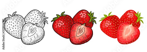 Whole and slice strawberry. Vector engraving and flat icon