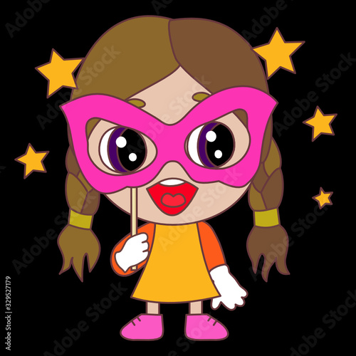 emoticon with mysterious chibi girl holding a carnival mask that merely covers face, simple colored vector emoji 