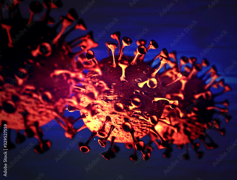 Fototapeta 3D-Illustration Closeup of a SARS coronavirus cell that affects humans, making sick symptoms cough, runny nose, pneumonia forms of disease. Pandemic broke out in Wuhan, China spreading worldwide.