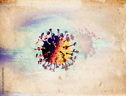 3D-Illustration Closeup of a SARS coronavirus cell that affects humans, making sick symptoms cough, runny nose, pneumonia forms of disease. Pandemic broke out in Wuhan, China spreading worldwide.