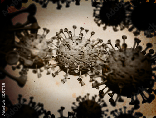 3D-Illustration Closeup of a SARS coronavirus cell that affects humans, making sick symptoms cough, runny nose, pneumonia forms of disease. Pandemic broke out in Wuhan, China spreading worldwide.