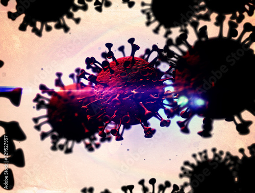 3D-Illustration Closeup of a SARS coronavirus cell that affects humans, making sick symptoms cough, runny nose, pneumonia forms of disease. Pandemic broke out in Wuhan, China spreading worldwide.