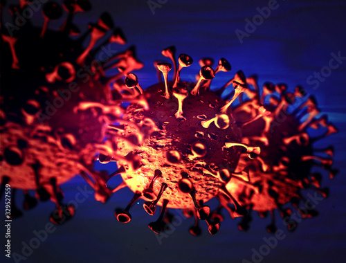 3D-Illustration Closeup of a SARS coronavirus cell that affects humans, making sick symptoms cough, runny nose, pneumonia forms of disease. Pandemic broke out in Wuhan, China spreading worldwide.