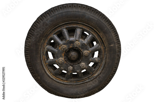 Old dirty rusty retro car wheel but white background. corrosion of an old wheel