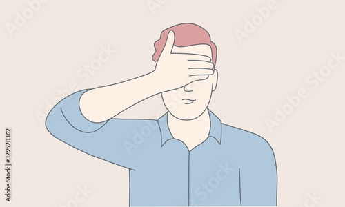 Hand drawn vector illustration of man character covered his eyes with his hand.