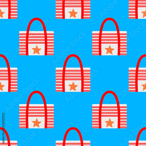 Seamless pattern with a geometric beach bag with red stripes and a starfish.Bright summer pattern for textiles on a blue background.For beachwear.Vector illustration.