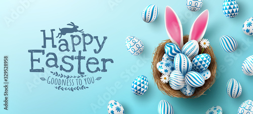 Easter poster and banner template with Easter eggs in the nest on light blue background.Greetings and presents for Easter Day in flat lay styling.Promotion and shopping template for Easter photo