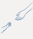 Cute baby reaching for mother's loving hand. Cartoon vector illustration