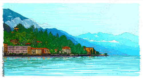 Vector hand drawn sketch style colorful illustration of italian Como lake landscape. Romantic background for invitations, banners and cards.