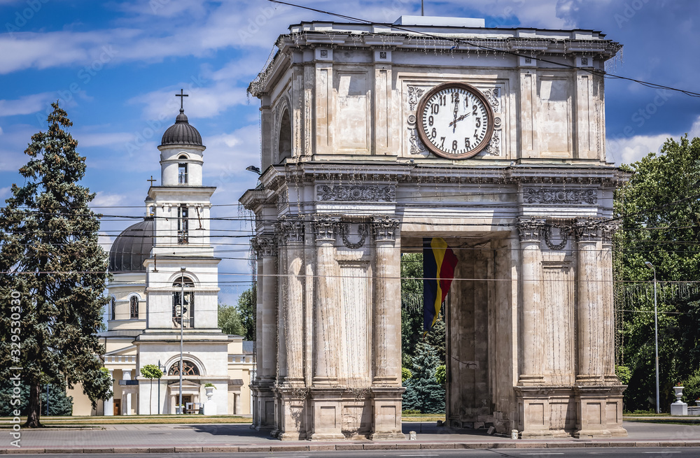 Triumphal arch and bell tower of Nativity Cathedral in Chisinau city, Moldova