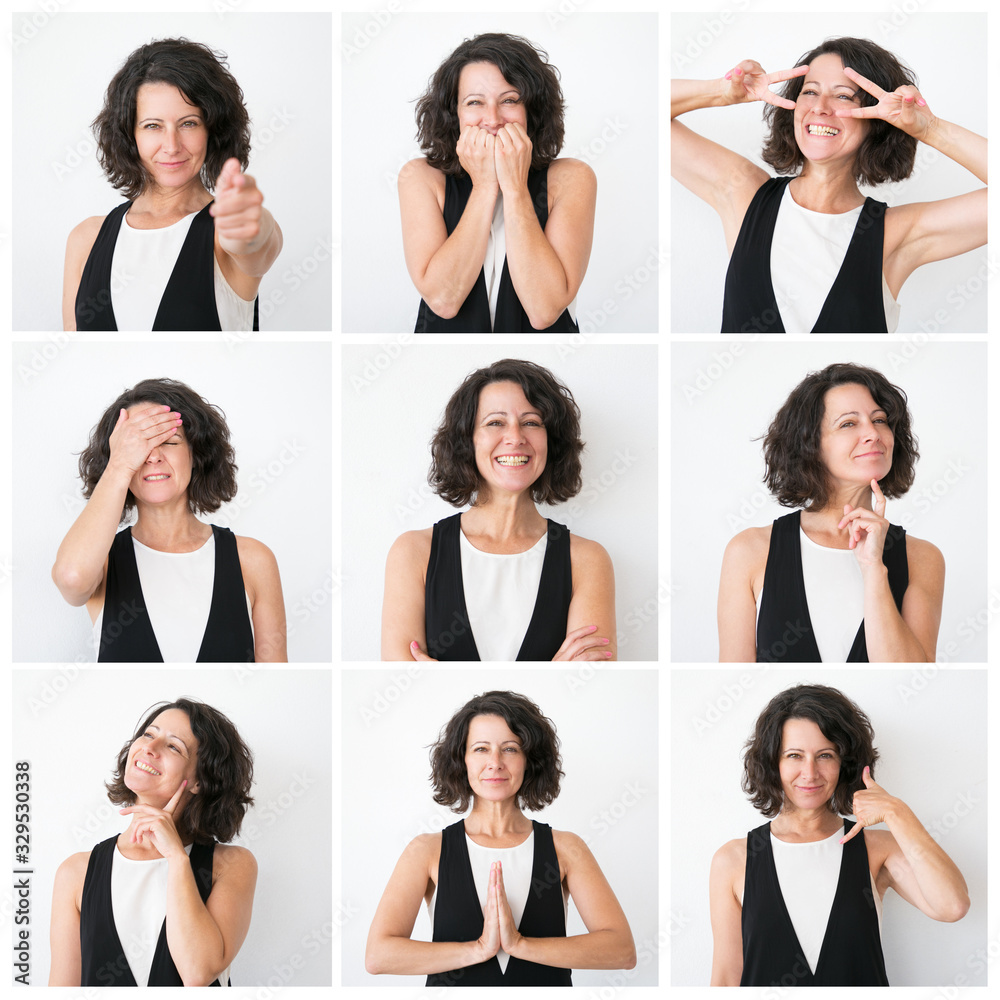 Positive middle aged woman portrait set with different hand gestures and emotions. Curly haired lady in casual studio shot collage. Multiscreen montage, split screen collage. Emotions concept Positive middle aged woman portrait set with different hand gestures and emotions. Curly haired lady in casual studio shot collage. Multiscreen montage, split screen collage. Emotions concept