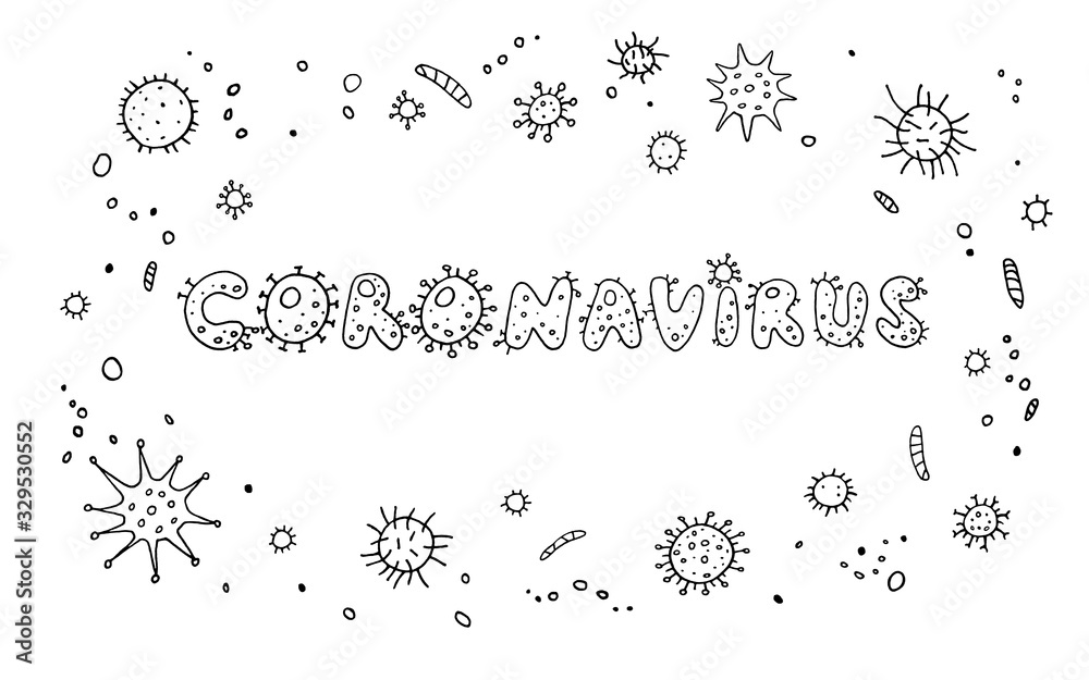 Coronavirus, Virus. Outline contour lettering doodle handwritten black and white