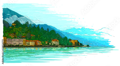 Vector hand drawn sketch style colorful illustration of italian Como lake landscape. Romantic background for invitations, banners and cards.