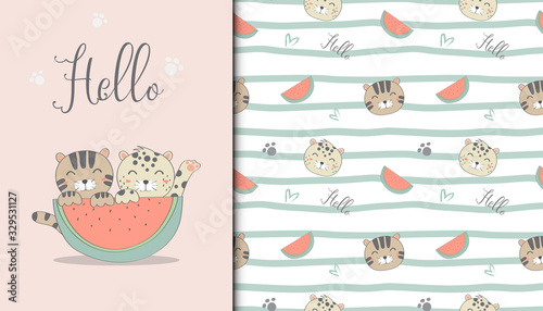 Greeting car illustration of cute cat and watermelon and repeat pattern in the white backdrop