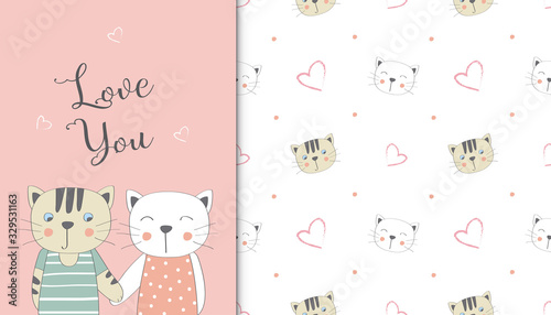 Greeting card of cute cat and baby pattern in the white backdrop