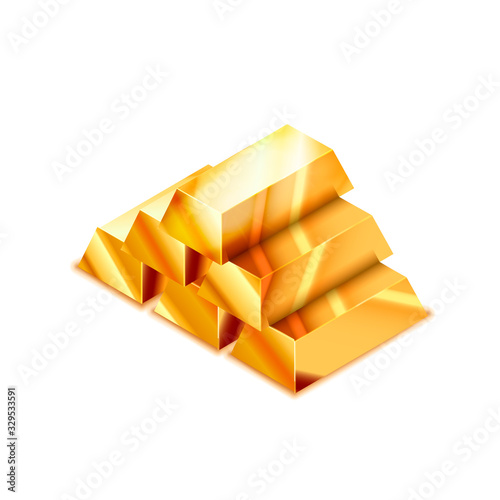 Large heap of realistic glossy golden bars in isometric view on white