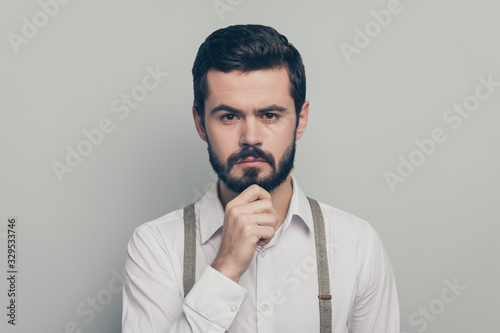 Portrait of charismatic professional company owner man touch his chin finger ready decide decisions choose choice solution wear good look clothes isolated over grey color background
