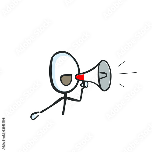 Megaphone loud speaker announcement. bullhorn shout out. loud-hailer message. Hand drawn. Stickman cartoon. Doodle sketch, Vector graphic illustration