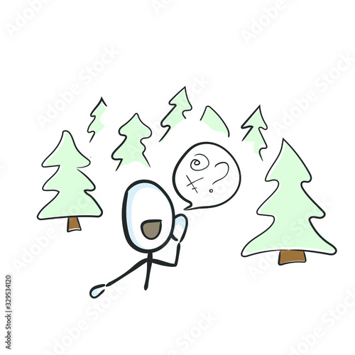 Calling for help. Man in woods lost his way. Can not find a path in forest. Calling for help. Hand drawn. Stickman cartoon. Doodle sketch, Vector graphic illustration
