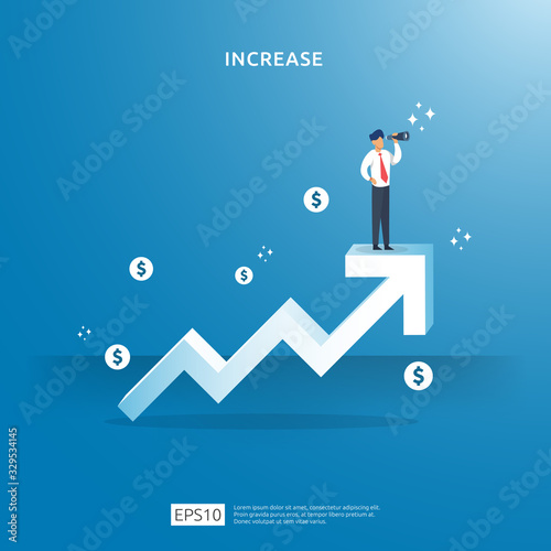 growth up arrow illustration concept for income salary rate increase with people character. business profit sale grow margin revenue with dollar symbol. Finance performance of return on investment ROI