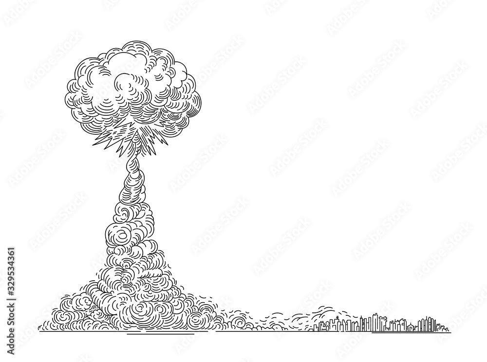 Nuclear explosion is approaching the city. Outline graphic silhouette isolated on white background. Stock vector illustration. Concept of technological disaster in vintage style. Hand drawn image Nuclear explosion is approaching the city. Outline graphic silhouette isolated on white background. Stock vector illustration. Concept of technological disaster in vintage style. Hand drawn image