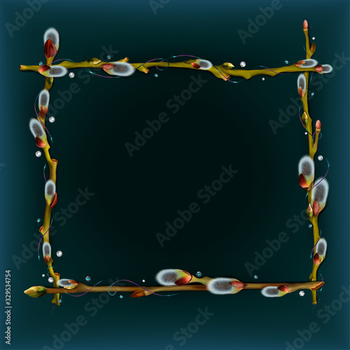 Vector rectengular frame of realistic willow branches with beautiful bud and fluffy catkins on turquoise background. Decorated with a colored ribbon and shiny beads.