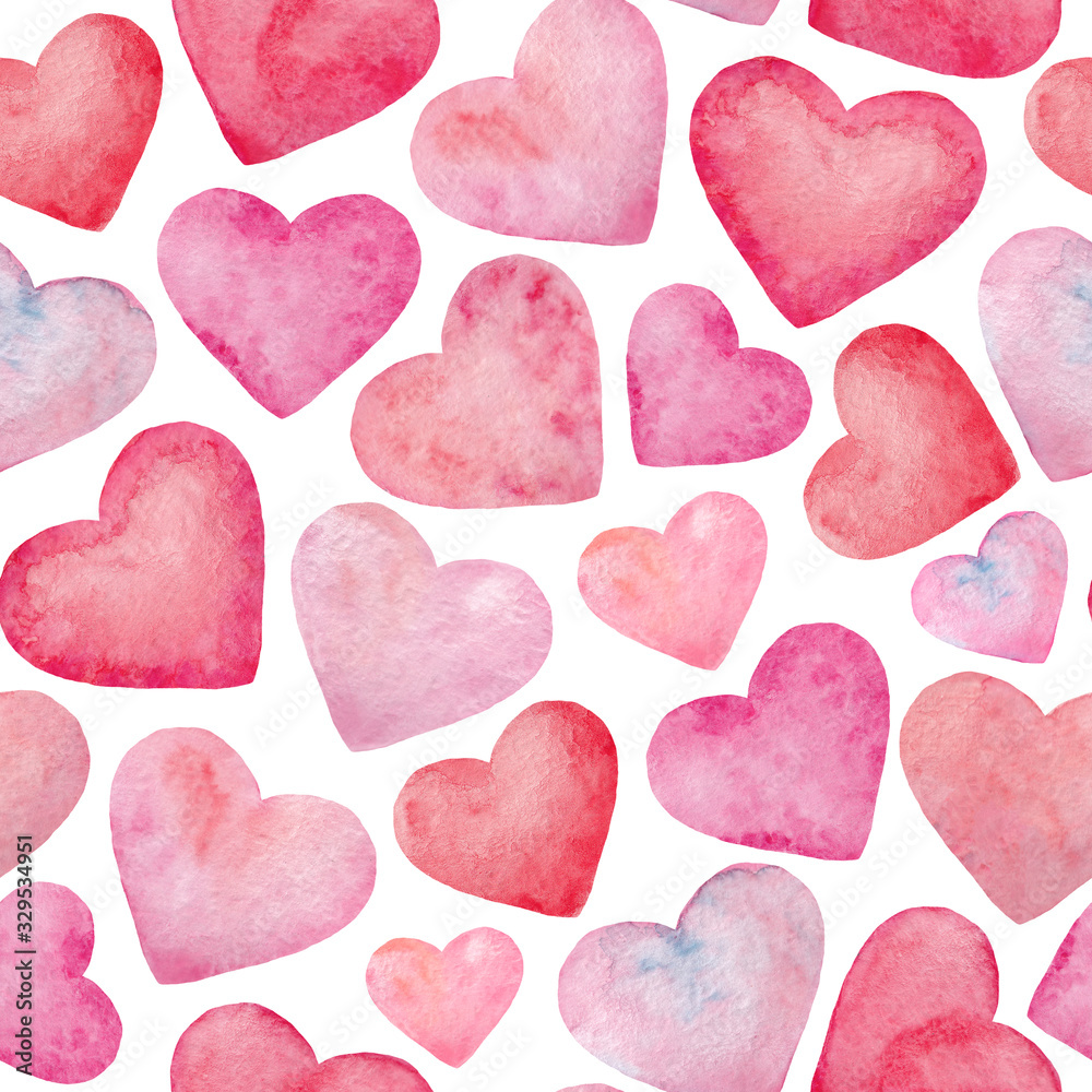 Seamless pattern with watercolor red hearts