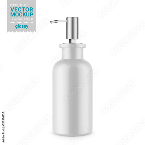 Glossy white soap dispenser bottle mockup template.