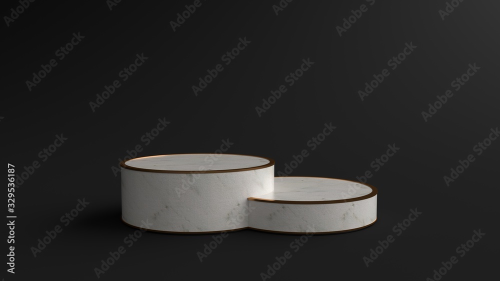 Round marble Pedestal, Podium for display product on the Black floor. Pedestal can be used for commercial advertising, Isolated on black background, Minimalist Black, illustration, 3D rendering. Round marble Pedestal, Podium for display product on the Black floor. Pedestal can be used for commercial advertising, Isolated on black background, Minimalist Black, illustration, 3D rendering.