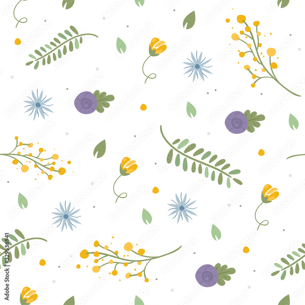 Trendy seamless light floral pattern with flowers and branches. Ideal for use as a print on fabrics, clothes, dresses, wallpapers, invitations, wrapping paper, postcards and more