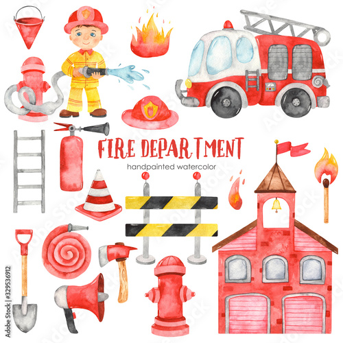 Watercolor set clipart with cute cartoon fire station, fireman, fire truck and fire equipment for kids