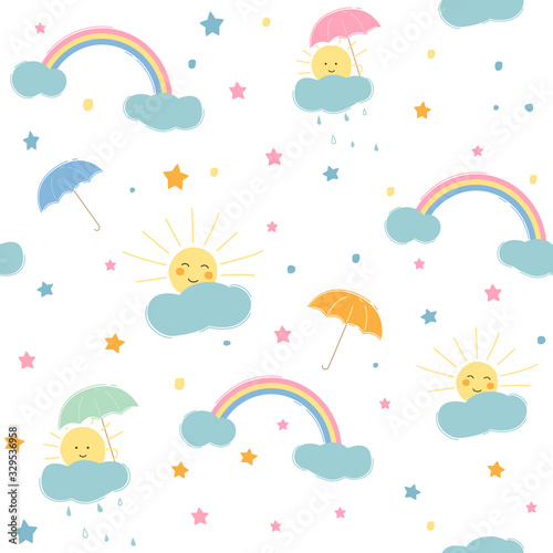 sun rainbow clouds umbrella stars, seamless background, vector illustration, cartoon pattern
