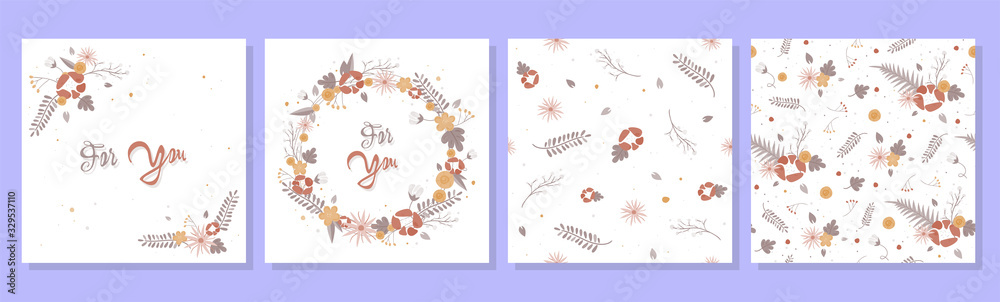 Collection of minimal floral cards and patterns. Beautiful set of cards for invitations, card design, gifts and more