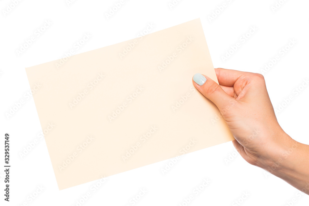 Obraz premium female hand isolated on white background holding card with text place - Image